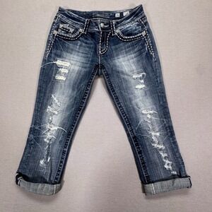 Miss Me Capri Jeans 26 Distressed Embellished Thick Stitch JE5152P10 Dark Wash